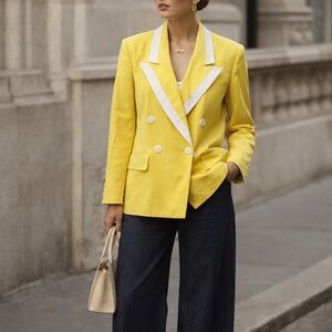 CHRISTIAN DIOR VINTAGE 90s Double Breasted Yellow Contrast Lapel Power Blazer